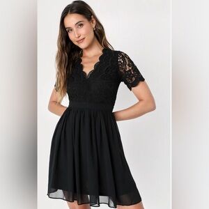Lulus Angel in Disguise Black Lace Skater Dress